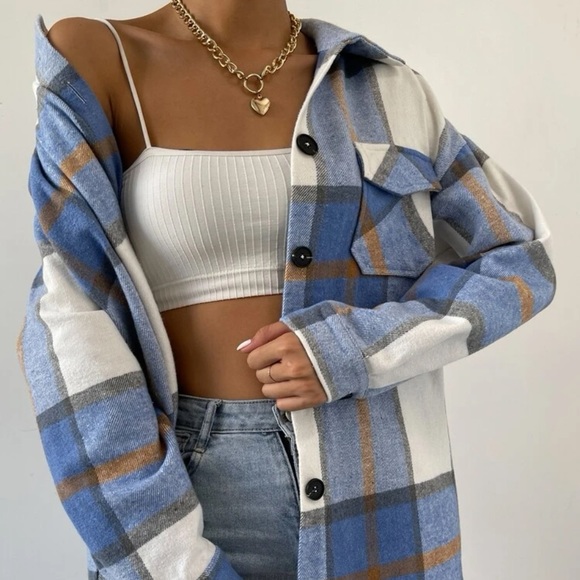 New plaid button down long sleeve Shacket jacket - Picture 3 of 5